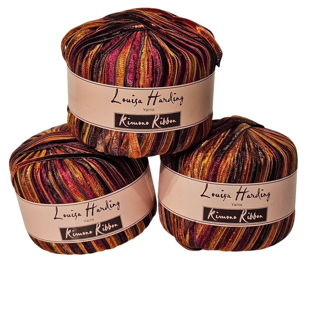 Louisa Harding Kimono Ribbon Yarn 3‎ Skeins Purple Gold Orange Made in Italy